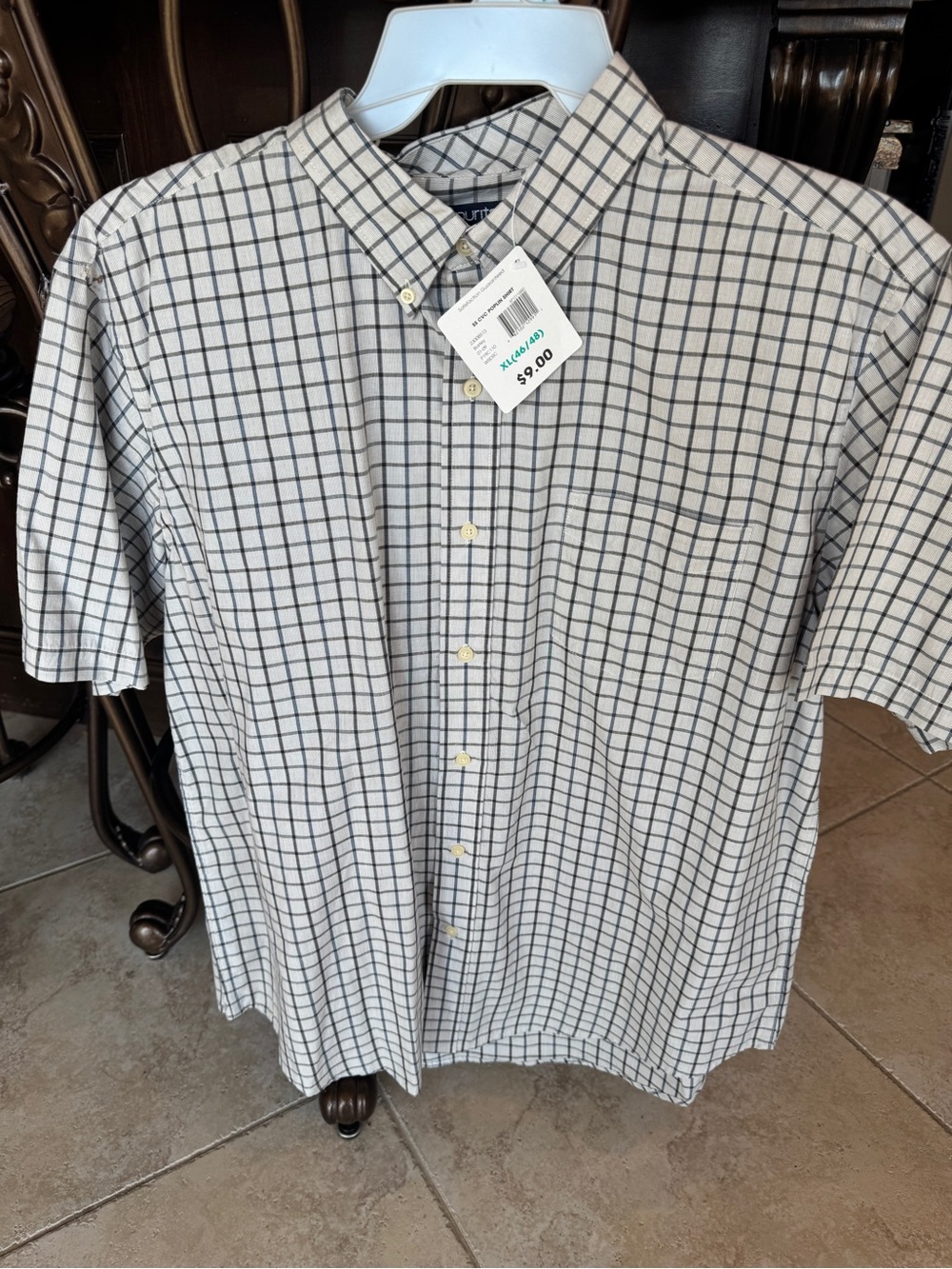 Puritan Short-Sleeve Button-Down Shirt in White with Navy Windowpane